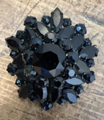 Vintage Jet Black Rhinestone Domed Flower Brooch