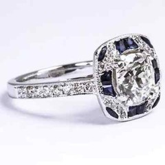 Art Deco Style Lab Created Diamond & Sapphire Engagement 14K White Gold FN Ring
