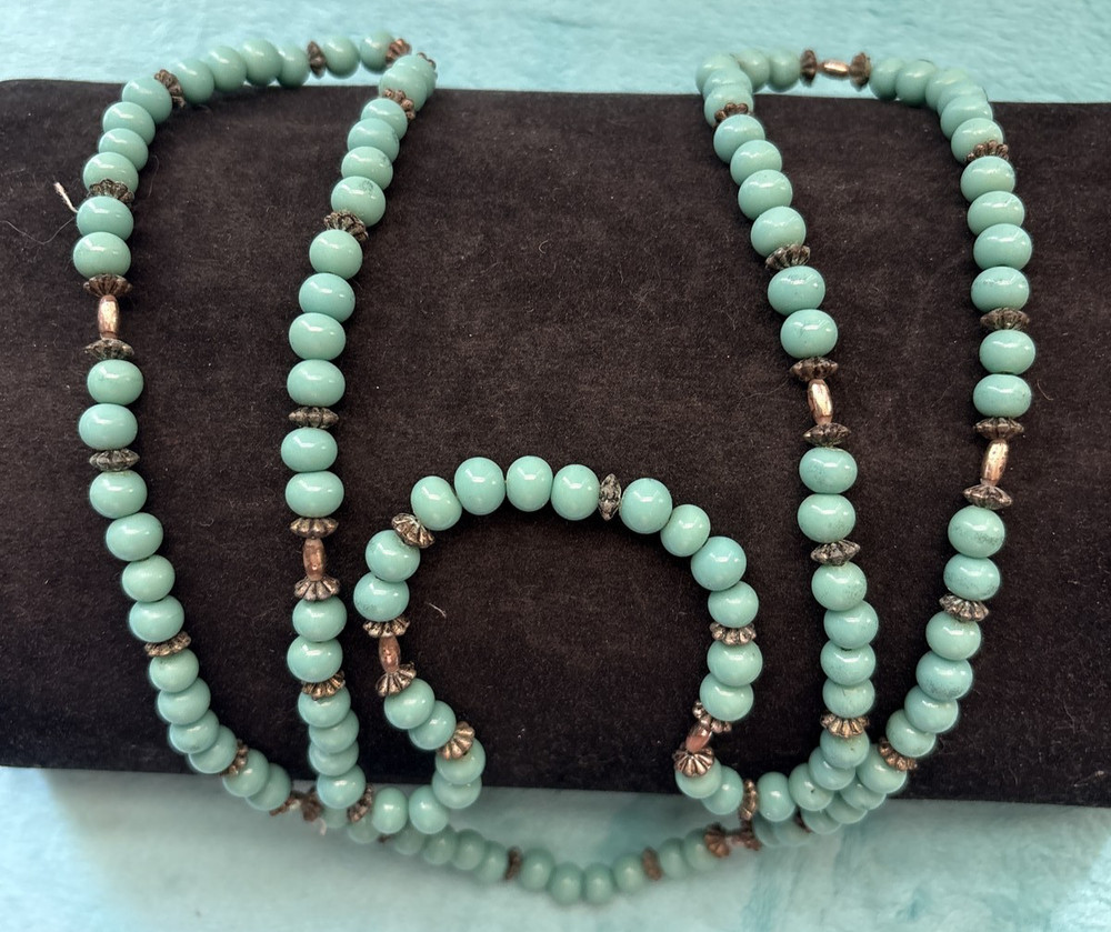 Vintage Teal Long Beaded Necklace (1970s-2000s)