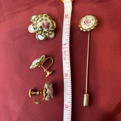 Vintage Guilloché Floral Jewelry Set Brooch Earrings Stick Pin