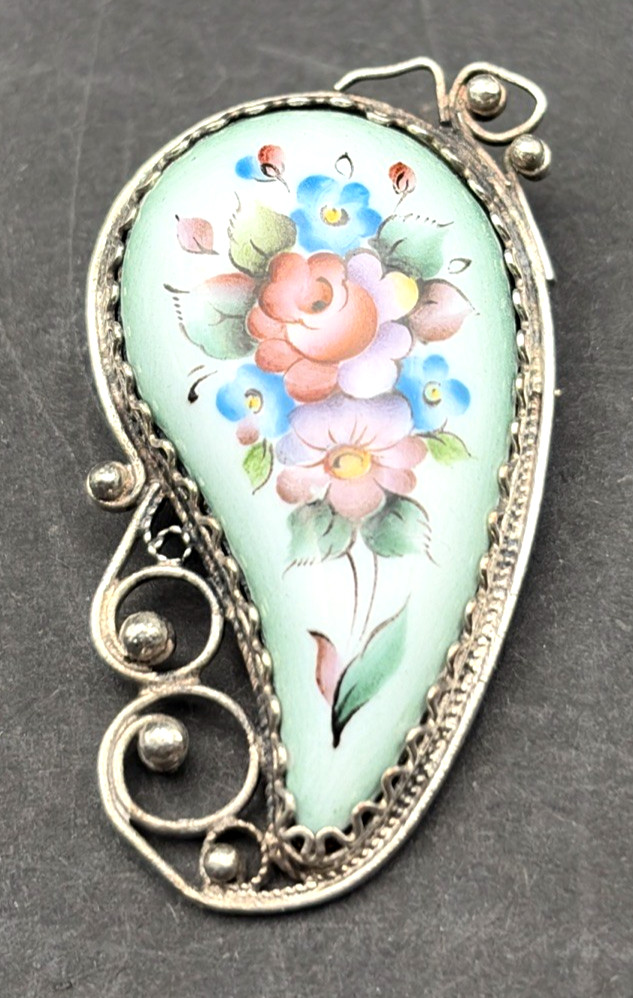 800 Silver Russian Finift Hand Painted Enamel Floral Filigree Paisley Brooch
