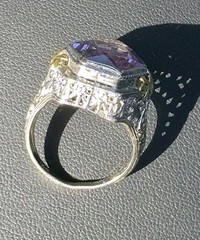Antique Art Deco Large Hexagon Amethyst Cocktail Ring 14k White Gold Yellow