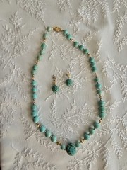 Chinese Turquoise Shou Carved Bead Earrings & Necklace 21” Gold Plated Clasp