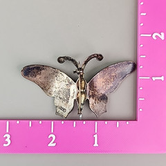 Vintage Butterfly Brooch Spain Textured Silver Tone Faux Damascene 3D Pin 2 5/8″