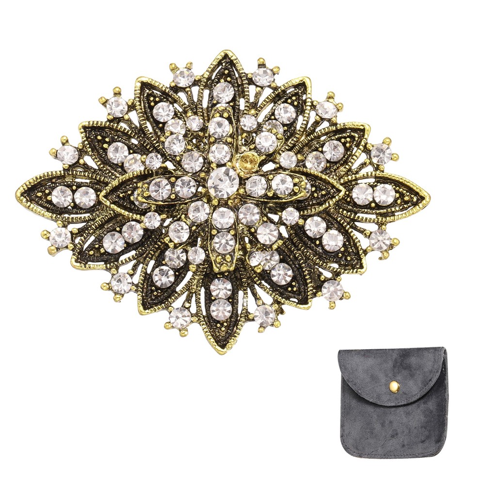 Vintage Crystal Rhinestone Brooch 2.6 Inch Bouquet Brooch Gold White
