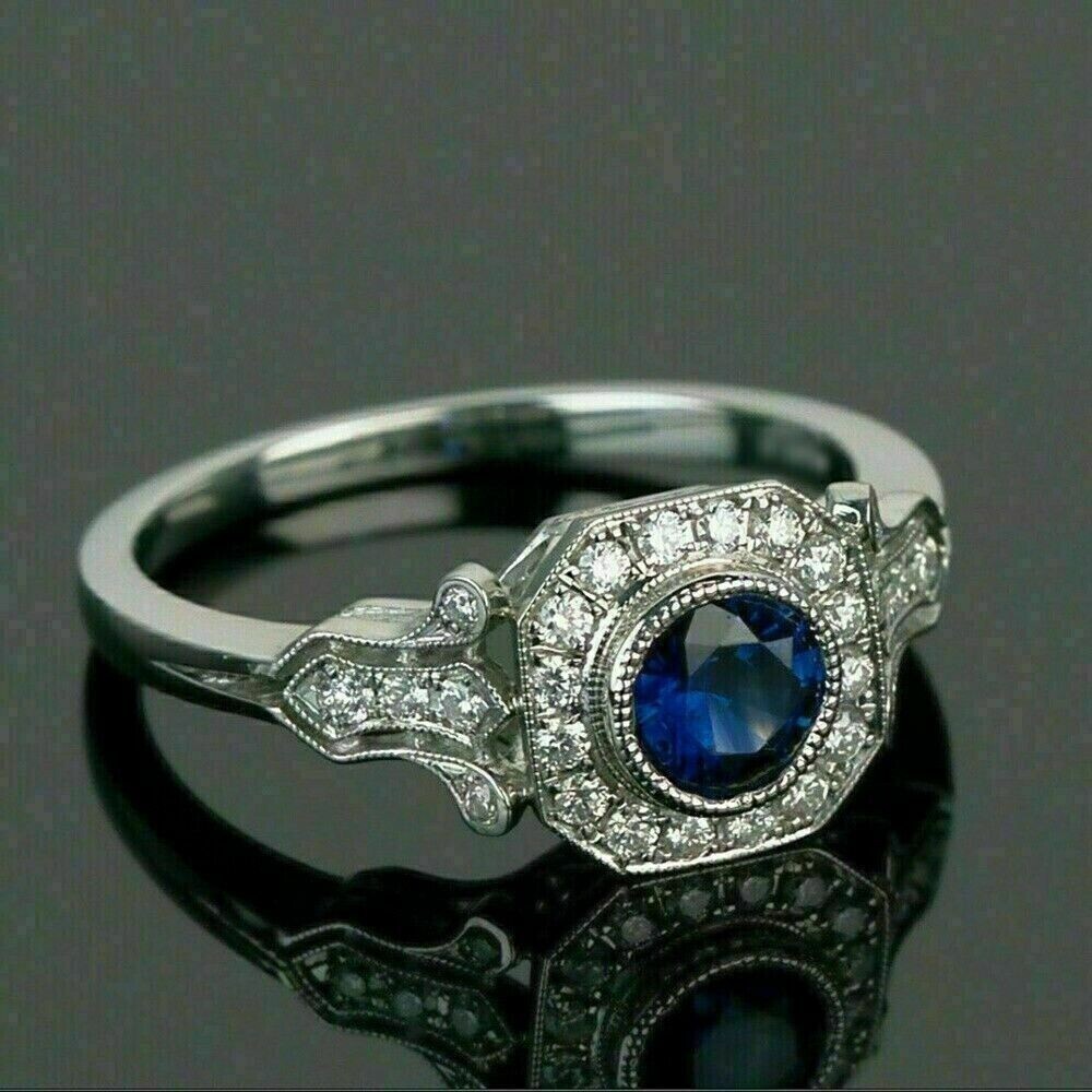 Art Deco Style Simulated Blue Sapphire Cocktail Anniversary Ring In 925 Silver