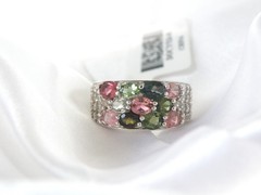 Sterling Silver 925 Multi Row Natural Tourmaline Ring Size 8