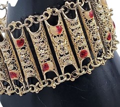 Vintage Italian 800 Silver Gold Plated Filigree Panel Bracelet 7.25″ Red Enamel
