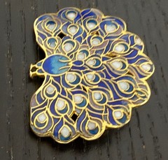 Vintage Cloisonné Peacock Brooch with enamel work and gold-tone accents