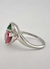Antique Platinum Hot Pink & Green Tourmaline & Baguette Diamond Moi et Toi Ring