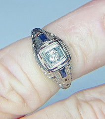 Estate Art Deco Diamond Synthetic Sapphire 18K White Gold Ring