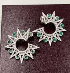 Vtg Sterling Star Point Statement Earrings, Emerald Green & Clear CZ Settings
