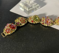 VINTAGE UNSIGNED “ART” GOLD GILT RHINESTONES CRYSTALS LINKED RETRO FLORAL