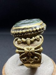 Rare Old Bronze Ring Carved Green Stone Animal Motif Antique Size 9 US