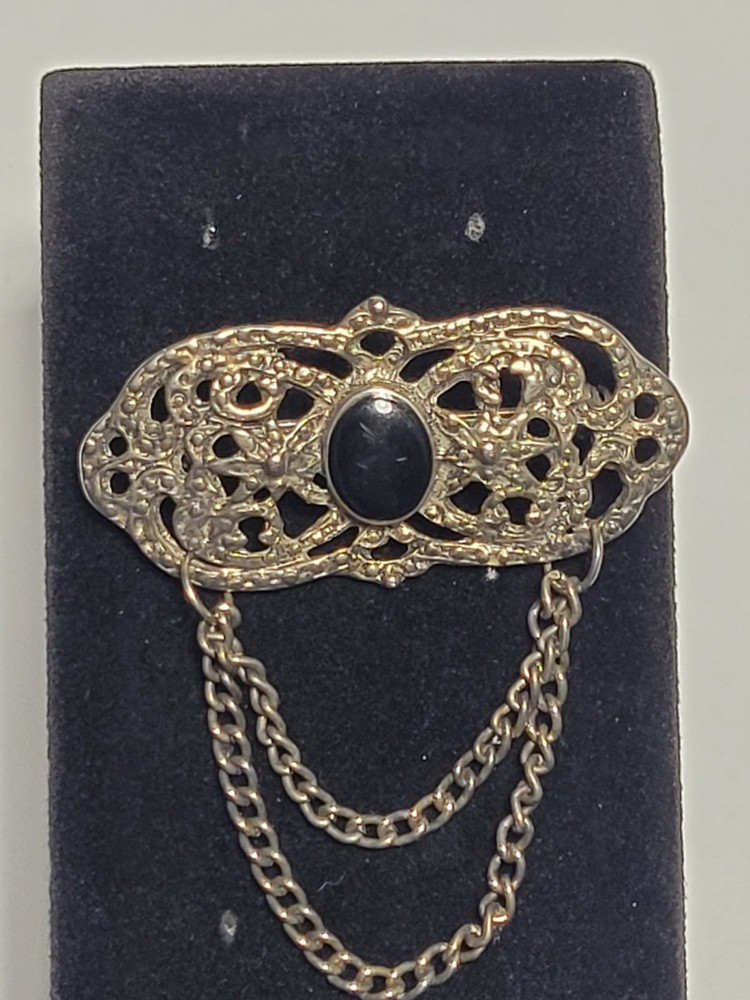 Vintage Style Ornate Metal Brooch Pin Black Agate Onyx Stone Chains Gothic…