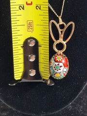 Vintage 12K GF Millefiori Art Glass EASTER Bunny Pendant 17” Necklace, marked OX