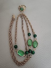 Vntg Bezel Set Green Lucite Necklace & Uncas Mfg Co Adjustable Green Stone Ring