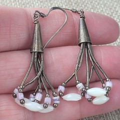 Liquid Silver Mother of Pearl Lavender Pink and White Rice Bead Dangle Earrings