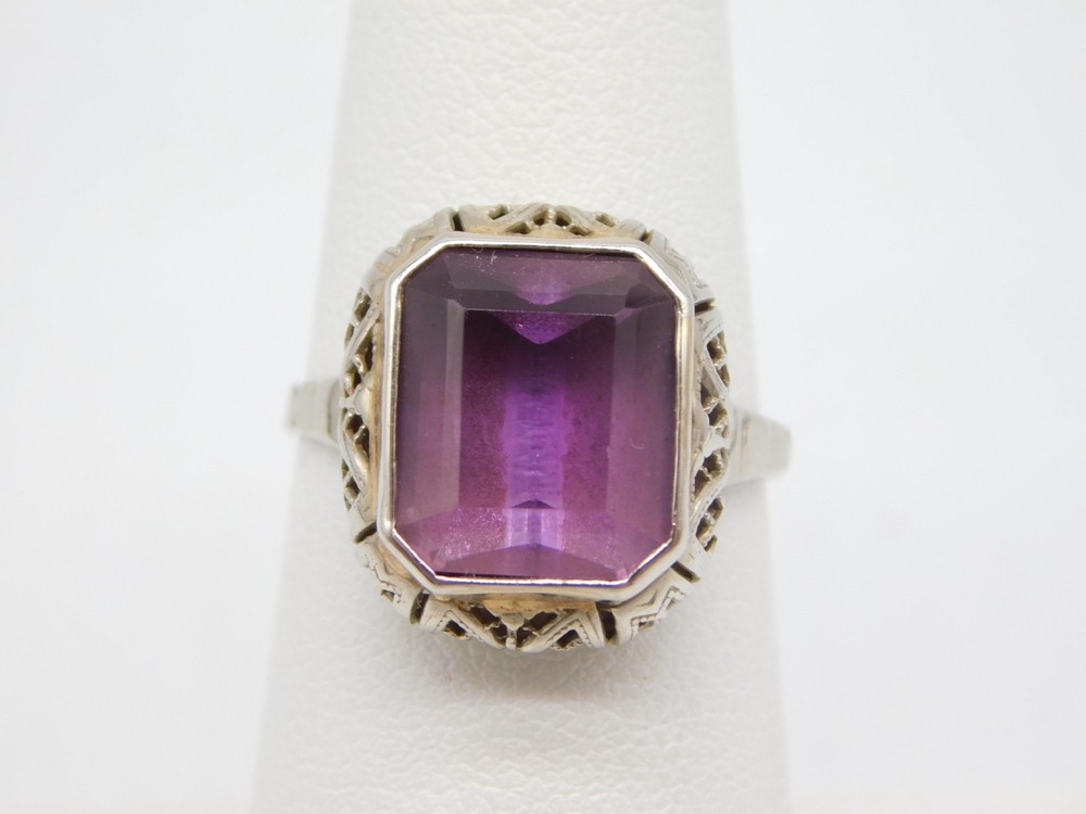ANTIQUE 14K WHITE & YELLOW GOLD FILIGREE AMETHYST STONE RING SIZE 7