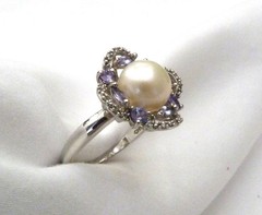 DESIGNER HT 9.5MM LARGE CULTURED PEARL AMETHYST GEMS STERLING SILVER RING SZ 10