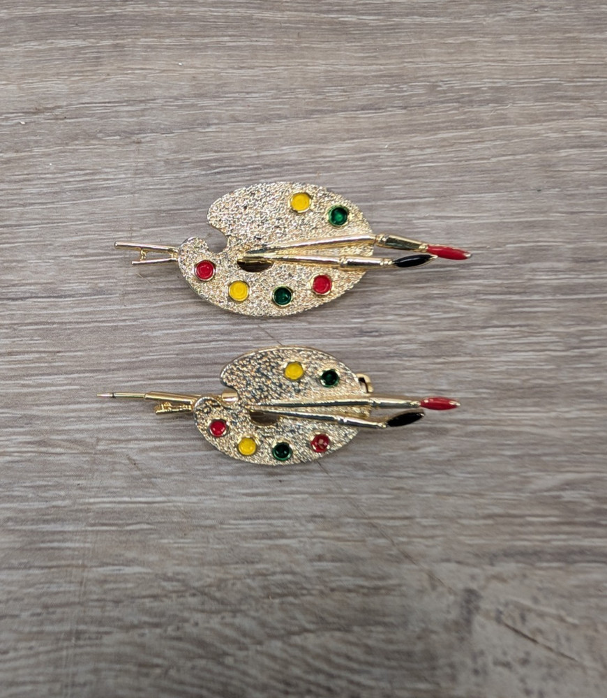 Lot Of 2 Vintage Gold Tone Artist Palette Paint Brush Signed Gerry’s Pin Brooch