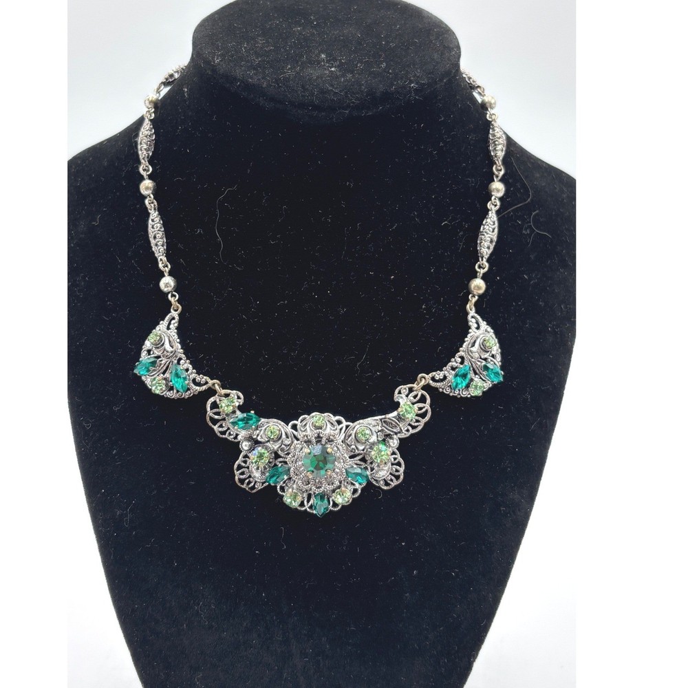 Vintage Western Germany Green Rhinestone Filigree Bib Necklace Silver Tone 17in