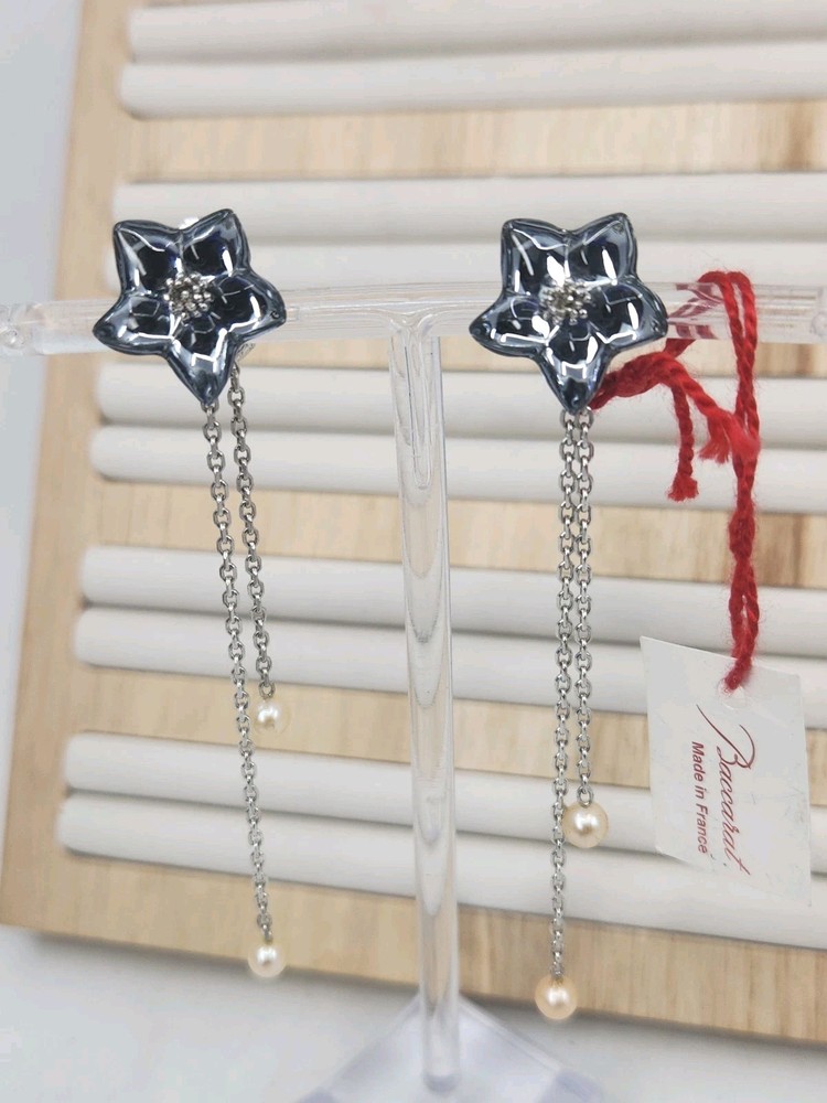 Authentic Baccarat France Crystal Flower Pearl Chain Dangle Clip Earrings 925