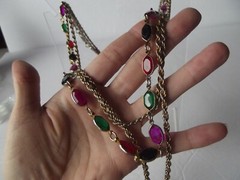 Triple Graduated Chain Necklace Purple green red black Bezel Set crystals vtg