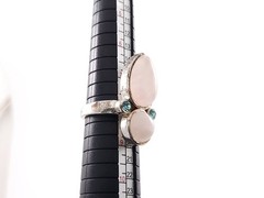 Vintage Sterling Silver Pink Rose Quartz Blue Topaz Statement Ring Size 7.5