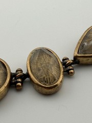 Vintage Brass Statement Bracelet Rutilated Quartz Mixed Stone Peacock Engraving