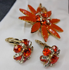 Vintage Selro Selini? Lucite & Rhinestone Gold Tone Floral Set Brooch & Earrings