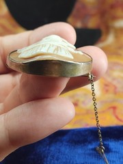 1.75″ Carved Shell Cameo, Gold Filled Wire Mount Safety Chain Silver