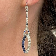 Art Deco Style Lab-Created Diamond & Sapphire Dangle/Drop Earrings In 925 Silve