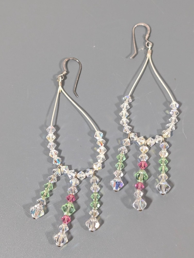 Aurora Borealis Glass Bead Tassel Fringe Teardrop Dangle Earrings Long