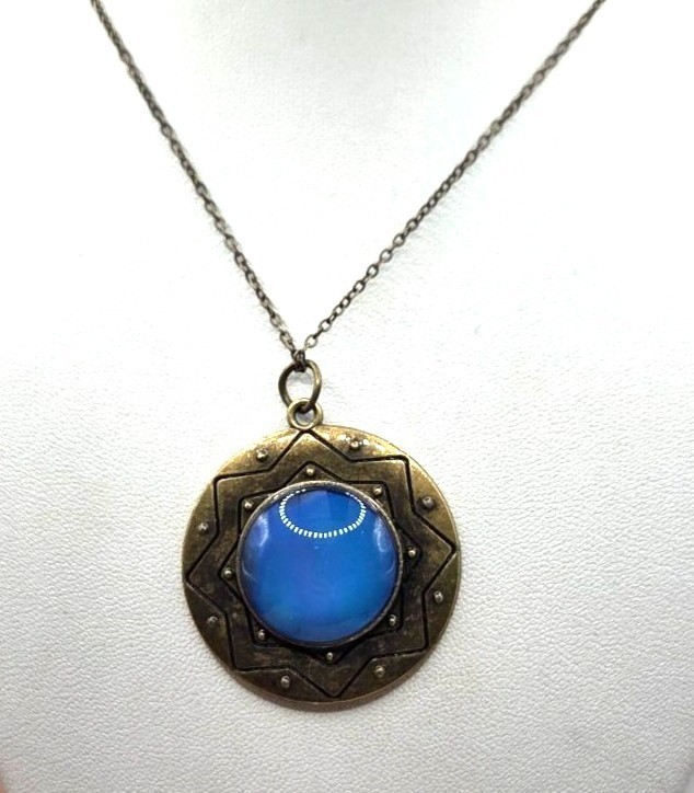 Antique Brass Look Necklace With Blue Glass Stone Pendant On Chain