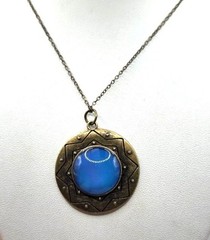 Antique Brass Look Necklace With Blue Glass Stone Pendant On Chain