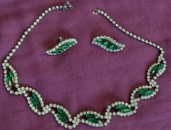 Vtg necklace costume paste faux emerald diamond EARRINGS SET jewelry