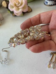 Vintage JULIANA D&E Clear AB Bead Gold Tone Cha Cha Leaf Pin Brooch + 2 Earrings