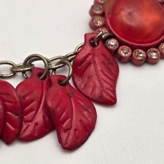 Vintage Bakelite Lucite Floral Bib Necklace Red Leaves Rhinestone Cabochon 21 In