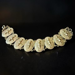Cherub Panel Link Bracelet Victorian Revival Gold Tone Putti Figural 7 Inch