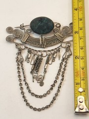 Bohemian Style Brooch Vintage Green Oval Stone Silver Tone 3.5 inches long