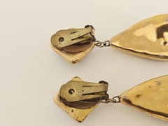 Vintage Artisan Gold Plated with Blue Ceramic Pottery Teardrop Clip On Earrings
