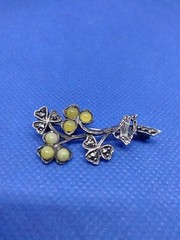 Vintage Citrine Rhinestone Clover Markasite Cabochon Brooch