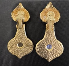 Vintage Gold Tone Etruscan Revival Amber Dangle Earrings Runway Statement 80s