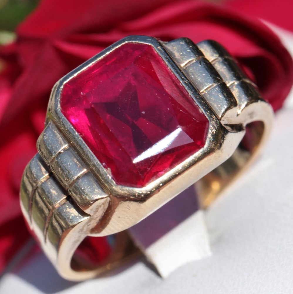 10k yellow gold ring 6.25ct lab created ruby solitaire sz: 11.75 vintage 7.3g N2