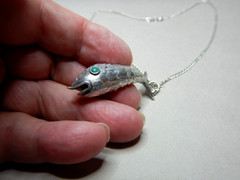 Vintage Mexican Sterling Silver Articulated Turquoise Set Fish Pendant Necklace