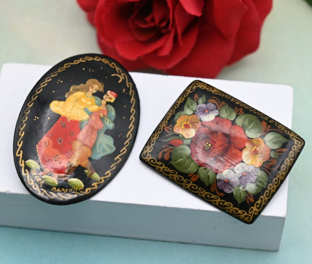 Pair of Vintage Lacquer Enamel Wood Flower Lady Pin Brooches Russian Signed