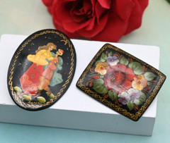 Pair of Vintage Lacquer Enamel Wood Flower Lady Pin Brooches Russian Signed