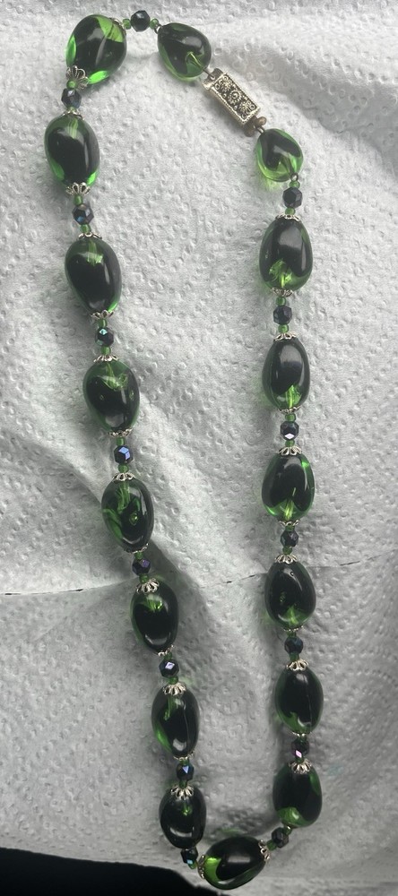 Beautiful 22” Iridescent Green /Black Lucite W/AB Spacers Necklace – W. Germany