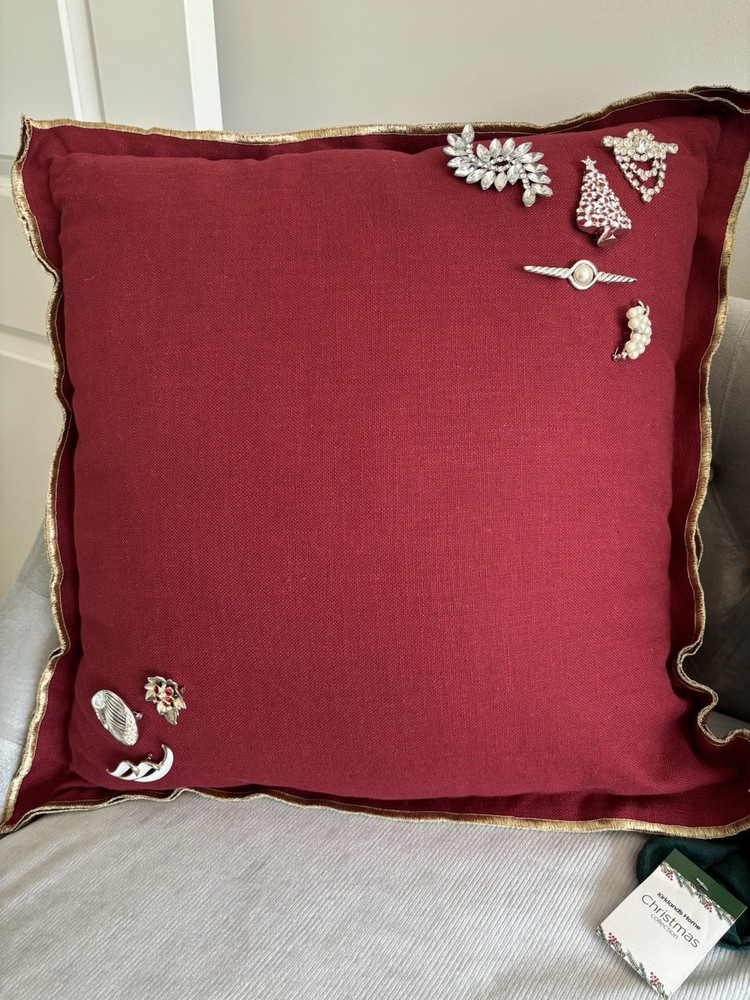 Red Pillow, Gold Trim w/Vintage Rhinestone Brooch & Pin Mixed Lot Silver Tone